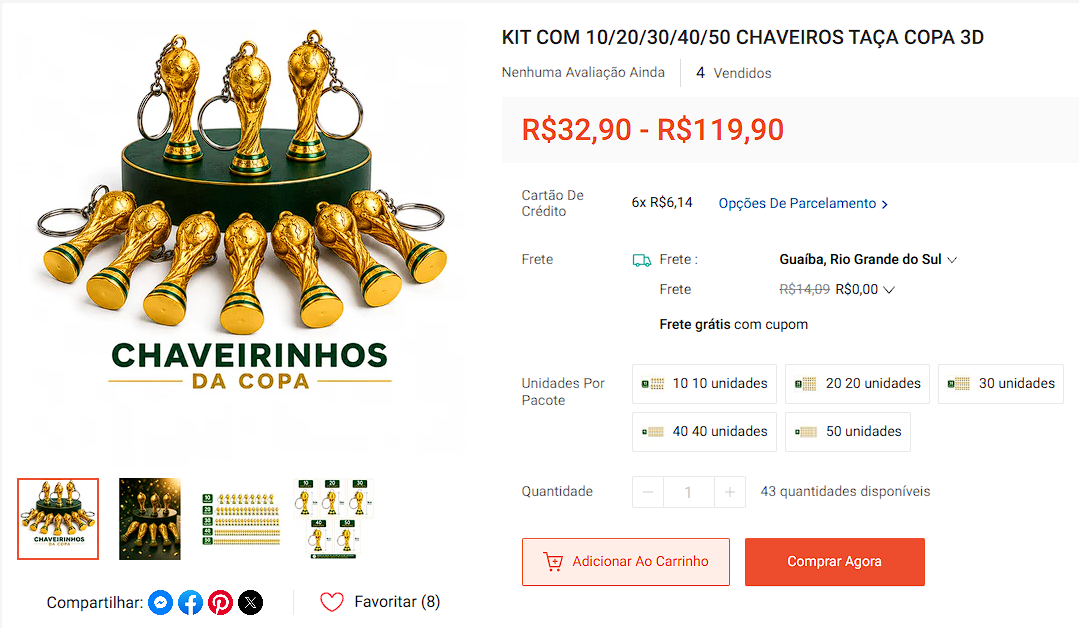 KIT COM 10/20/30/40/50 CHAVEIROS TAÇA COPA 3D